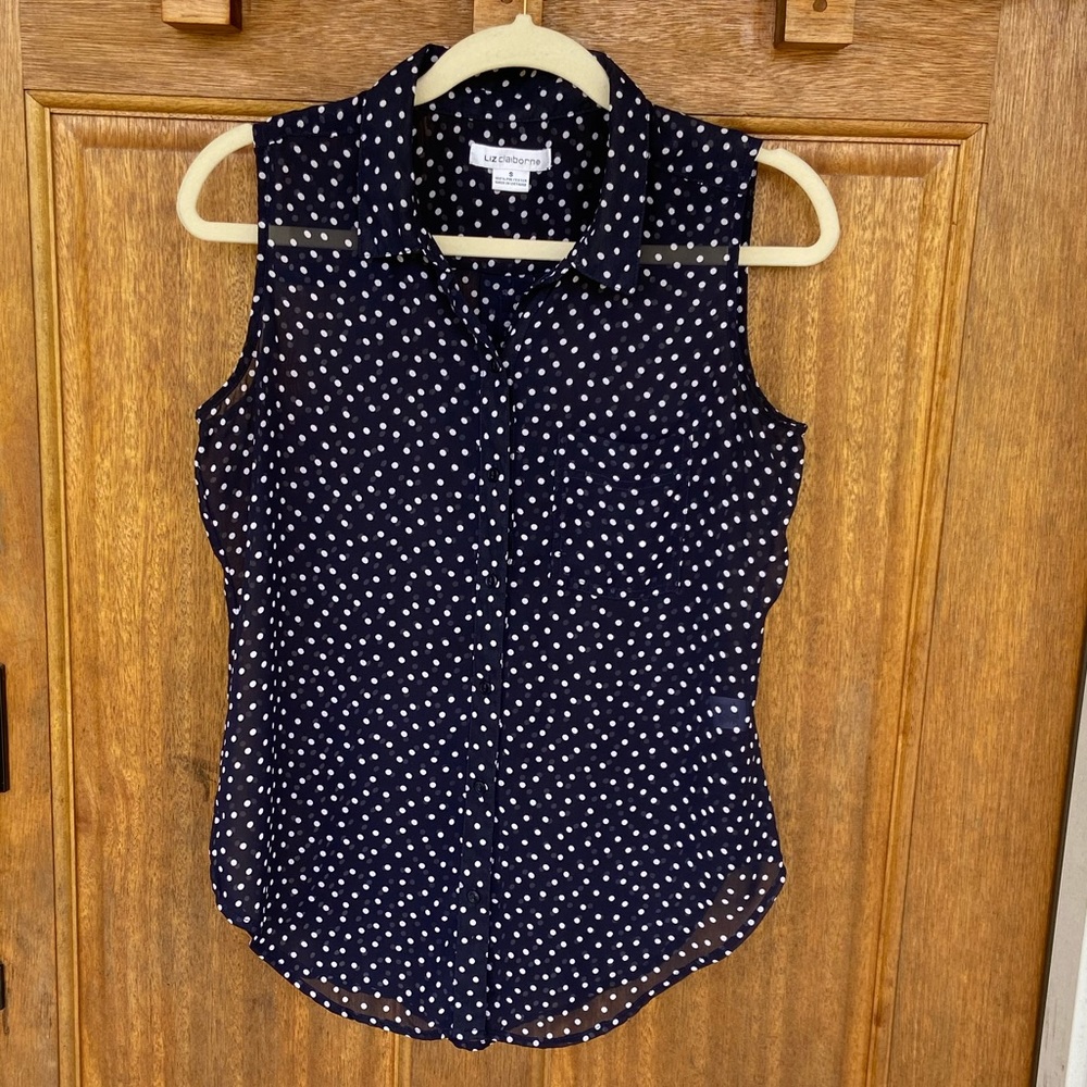 Liz Claiborne | Sheer Navy Top w/ white polka dots